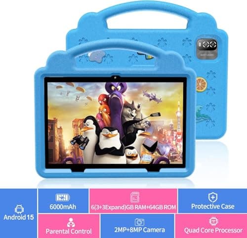 VOLENTEX 10 Inch Kids Tablet with Case, Android 15 Tablet for 3-12 Years, 64GB Training Pad, 5G WIFI6, Parental Control, Dual Camera, 6000mAh, Bluetooth (Blue) 2