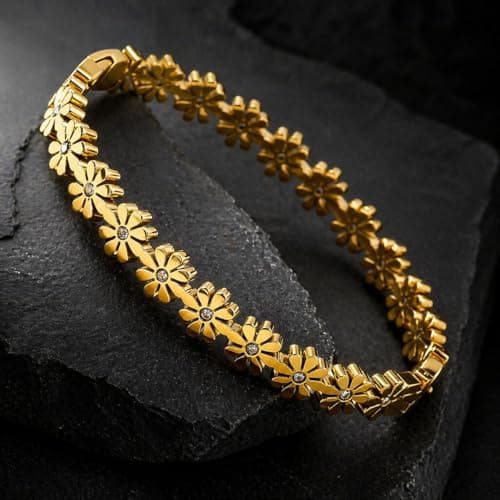 MEENAZ Gold Bangle Diamond Bracelets for Women Stylish | Stainless Steel Bangle for woman Floral Design Kada for Girls| Anti Tarnish Jewellery for women | Valentine Gift for girlfriend Ladies for woma 3