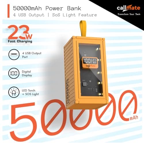 Callmate Ultrafuse Max 50000mAh Ultra High Capacity Power Bank, 23W Fast Charging |Digital Display |4 USB Output Ports & 3 Input |LED Light with SOS| for Smartphones & Other Devices 2