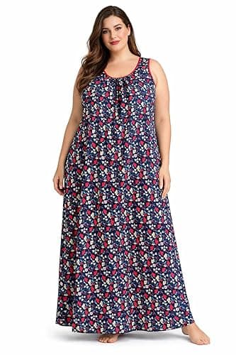 Manvicare Plus Size Sleeveless Cotton Nightgown for Women, Floral Print, Navy Blue Maxi Length Night Dress (Blue, 2XL)