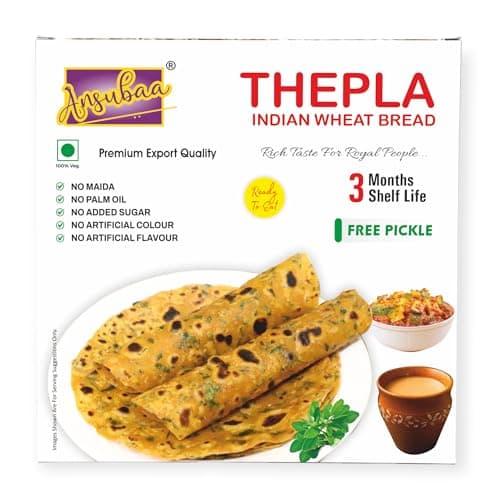 Ansubaa Methi Masala Thepla | Vacuum Packed | Ready to Eat Gujarati Snack | 3 Month Shelf Life | Free Pickle Inside of 2 Flavours | Indian Wheat Bread | Pure Vegetarian Food