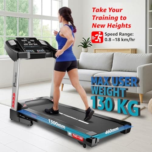 PowerMax Fitness TAC-125 5HP Motorised Auto Incline Treadmill for Home Use, Max User 130kg, Max Speed-18kmph, BMI Calculator, Running Deck 1300x460mm, LED Display, Aux, Bluetooth for Music 5