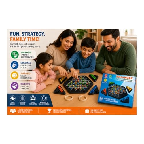 Triangle Chess Game for Kids & Adults | Rubber Band Strategy Board Game | Brain Teaser Puzzle | STEM Geometry Learning Toy | Interactive Family Board Game for 2 to 4 Players | Ages 3+ 4