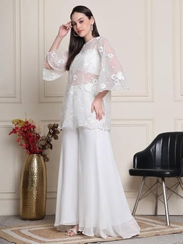 Inara, Relaxed Fit embroided Net Indo western Kurta set (White) 2