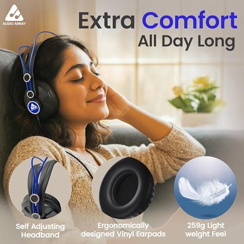 Audio Array AH-60-BL, 60Ω, Professional Monitoring Headphones | 53mm Drivers | 10Hz–30KHz | 105dB SPL | Closed-Back, DJ & Studio | 3m Cable with 3.5mm & 6.3mm Plugs (Blue) 5
