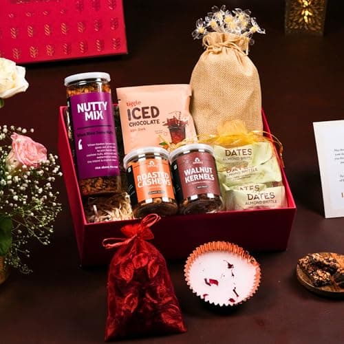 Omay Foods 11 pcs Radiant Delight Gift Box | Healthy Gift Hamper with Snacks & Dry Fruits | Diwali Gift Basket | Festive Gift Box for Diwali, Family, Friends & Corporate Gifting I Diwali Gift Hamper