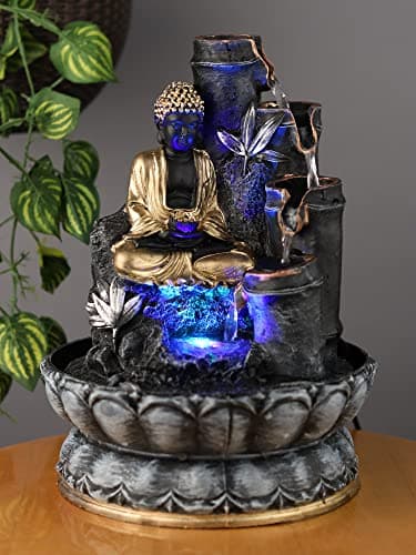 VIAVRS Black-Gold polyresin Buddha Water Fountain with led Light for Home Decor Living Room Office or Garden Indoor Waterfall Fountain Gift