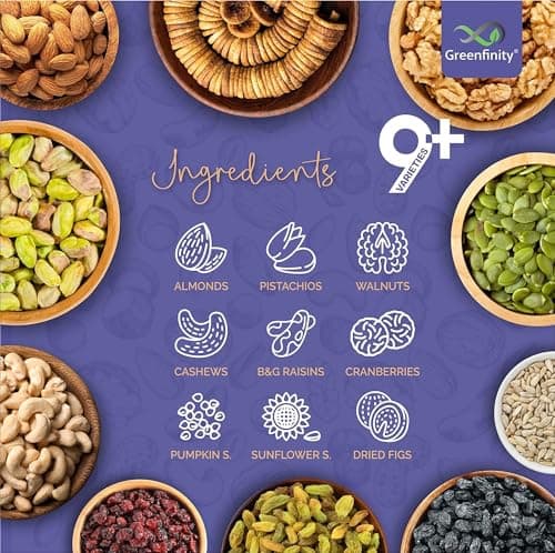 GreenFinity Premium International Healthy Nutmix 1kg, Dried Almonds, Black Raisins, Cashewnuts, Cranberries, Green Raisins & Many More. 4