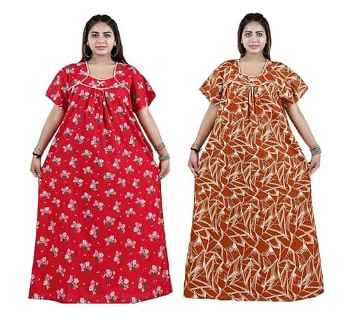 Bejod's Collection Cotton Nighty Combo Pack of 2 | Full Length Printed Maxi Night Dress | Soft Breathable Nightwear Gown for Women | Plus Size Women Nighty XL, XXL, 3XL