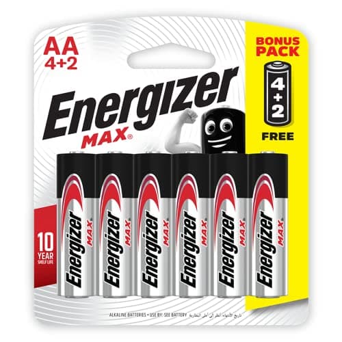Energizer Max Alkaline AA Batteries - Long-Lasting 1.5V Power, Leak-Proof Design, Pack of 4+2