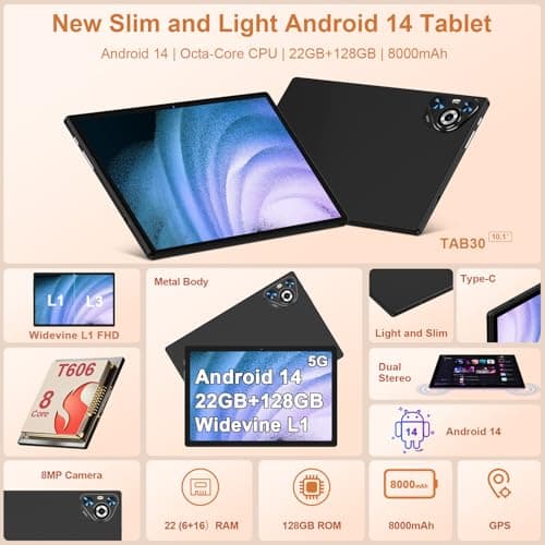 Dghrti Android 14 Tablet, 22GB RAM, 128GB ROM, 1TB Expansion, 10.1" Touchscreen Tablet, Powerful Octa-Core, 8000mAh Battery, 2 in 1 Tablet with Keyboard, Mouse, 2