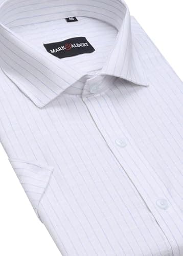 MARK & ALBERT Men's Half Sleeve Cotton Linen Striped Shirt Pure White 3