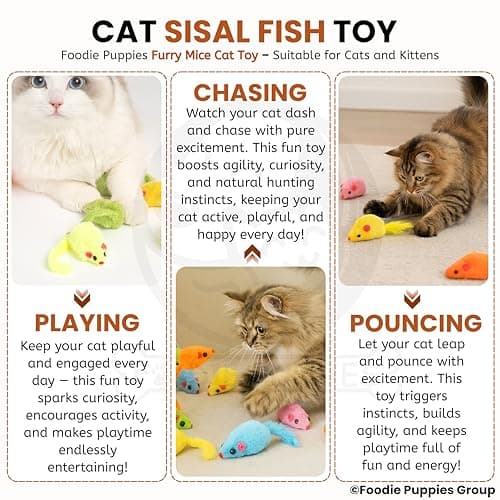 Foodie Puppies Interactive Cat Toy - (Furry Mouse, Pack of 10) | Durable Plush Toy with Soft Feather Tail for Cats and Kittens | Ideal for Bitting, Chasing Playing, Exercise & Hunting 6