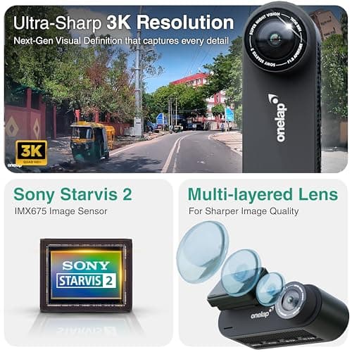 Onelap Vidsure™ 2 (2026 New Launch Front + Rear) - 3K UHD Dashcam for Car | Real STARVIS 2 IMX675 (Super Night Vision) | 5MP 3K UHD Front | 2MP 1080p FHD Rear | 3.2" LCD | 5.8Ghz WiFi | HDR 3