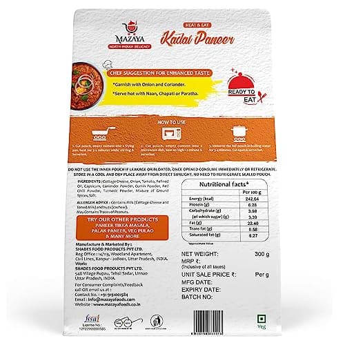 MAZAYA Heat & Eat Fully Cooked Ready to Eat Kadhai Paneer (Veg 300 Grams) with No Preservatives, No Added Artificial Colour & Flavour | Natural Instant Food Items Ready to Eat 2