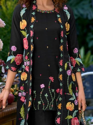 INDO ERA Women's A-Line Silk Blend Floral Embroidered Kurta with Shrug and Palazzo Set (Black_IEOUT10576_Small) 5