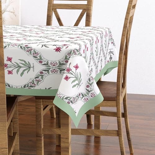 BLOCKS OF INDIA Cotton Table Cloth, Hand Block Print, 142 x 218 cm, 6 Seater Dining Table, Rectangular (Green BEL)
