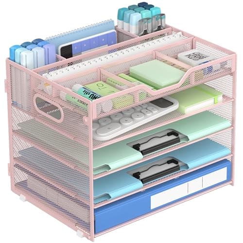 DocNest 5 Tier Mesh Desk Organizer- Letter Tray with Adjustable Compartments, Built in Pen Holder and Handles, Stackable Paper Organizer for Paper Mail Documents Office Supplies–Pink