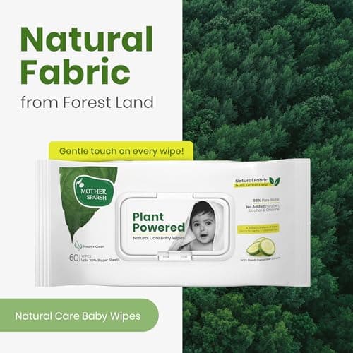 Mother Sparsh Natural Care Baby Wipes I 100% Plant Made Fabric From Forest Land | Fresh+Cleanse (with Cucumber) Plant Powered Wet Wipes For Baby I Cotton Cloth Like Bigger Sheets | 60 Pcs (Pack of 2) 2