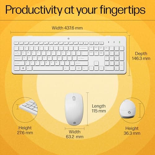HP 230 Wireless Keyboard and Mouse Combo, 2.4GHz USB dongle, 1600 dpi, Windows PC Compatible, Full-Size Keyboard with Numeric pad, 12 Function Keys, 1-Year Warranty, 0.56 kg, White, 3L1F0AA 2
