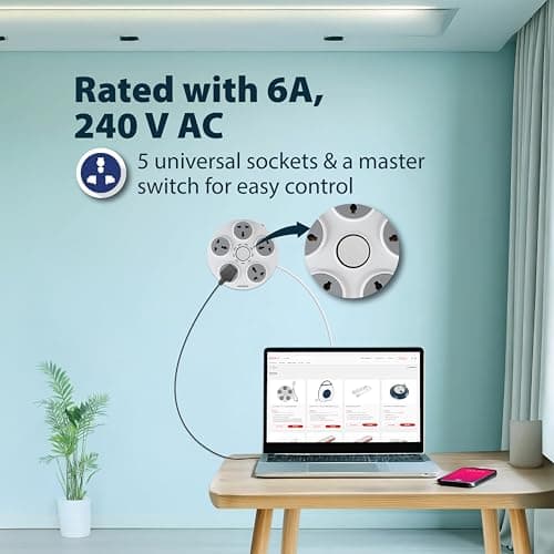 Havells Wheel Star 5X 5+1 Round Extension Board | Overload, Over Current & Over Voltage Protection | 1.5 Mtr Copper Wire | ISI Certified Wire & Plug | Universal 3 Pin 5 Sockets | LED Indicator | Home  3