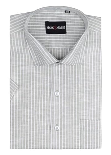 MARK & ALBERT Men's Half Sleeve Cotton Linen Striped Shirt Green