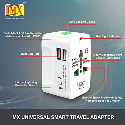 MX Universal Travel Adapter with USB Port All in one International Travel Adapter 150 Countries with LED Universal Socket Compatible in UK Europe USA China Japan & Thailand International Adapter 2