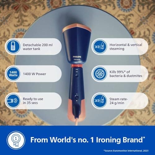 PHILIPS STH 5030/20 Handheld Garment Steamer, Two Water Tanks Glove Pouch & Mat Included, Hand Baggage Friendly Design, Adjustable Head for Horizontal & Vertical Steaming- No Burns Guaranteed,1400Watt 4