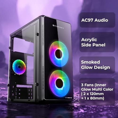 Zebronics Gaming PC Cabinet, mATX/ITX Support, Multi-Colour Glow Fans, Acrylic Side Panel, Smoked Front Design, Top Mount PSU (Zium 10) 2