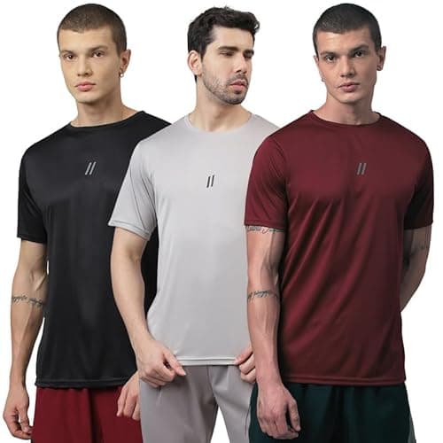 ATICX Slim Fit Pack of 3 Polyester Sports T-Shirts for Men - Round Neck Quick Dry Half Sleeve Breathable Stylish Gym & Workout Combo for Running, Cycling, Football, Swimming, Black, Grey & Wine, XL