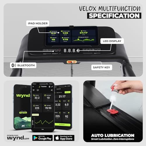 Durafit91™Velox Multifunction 6 HP Peak BLDC Hydraulic Foldable Treadmill| Max User Weight 150 Kg| Running Surface : L -1350mm & W -500mm |18 Km/Hr Max Speed| Bluetooth Speaker | Wynd app | Home use 5