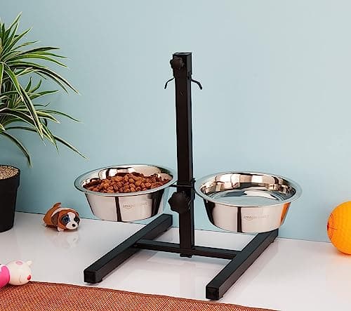 Amazon Basics Adjustable Double Diner for Food and Water for Dog & Cat | 1500 Ml x 2| with H-Base and Two Removable Stainless Steel Bowls | LxWxH - 44.9 Cm X 26.5 Cm X 42.5 Cm, Medium, Small 5