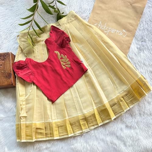 Picksparrow Baby Girls Traditional Kasavu PattuPavadai/Lehenga Set (Peacock-Tissue) (Red, 1-2 Years) 2