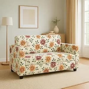 2 Seater Fabric Sofa | Sofa for Living Room & Home | Furniture for Office & Hotels | Fabric Color - Cream & Flower Printed Cushions