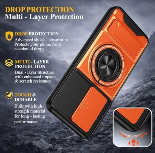 AeoFit Back Cover for Motorola Moto Edge 70 5G | Armor Camera Slider 360 Degree Rotating Finger Ring Holder Case with Bracket Stand & Camera Protection Back Case Cover for Moto Edge 70 (Orange) 4