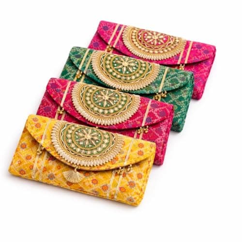 Jaipur Ace Women Ethnic Embroidered Clutch Bag with Golden Handwork & Tassel | Traditional Wedding Party & Festive Shagun Purse| Return Gift Clutch Set (Pack of 4)