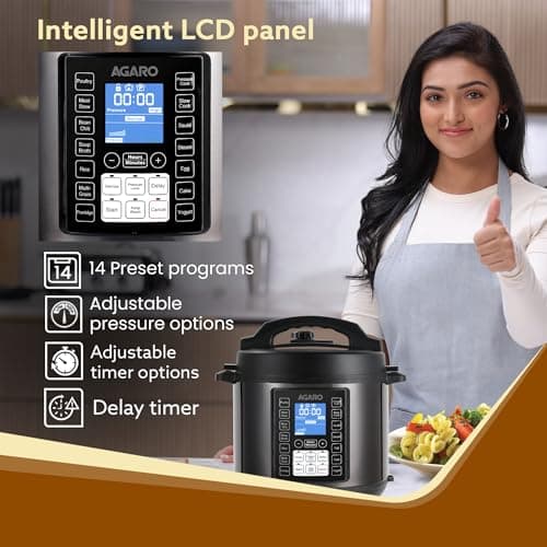 AGARO Imperial Electric Pressure Cooker, 6 litres, 1.5Kgs (approx. 10 cups) raw rice, 14 Pre-Set multi Cooking Functions, Adjustable Pressure, Timer, Stainless Steel Pot, Pressure Cook, Slow Cook 3