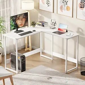 Lukzer Engineered Wood L-Shaped Corner Study and Computer Laptop Table for Home or Office | MST-007/White & White | Multi-Functional Sturdy Gaming Station and WFH Desk with Metal Frame