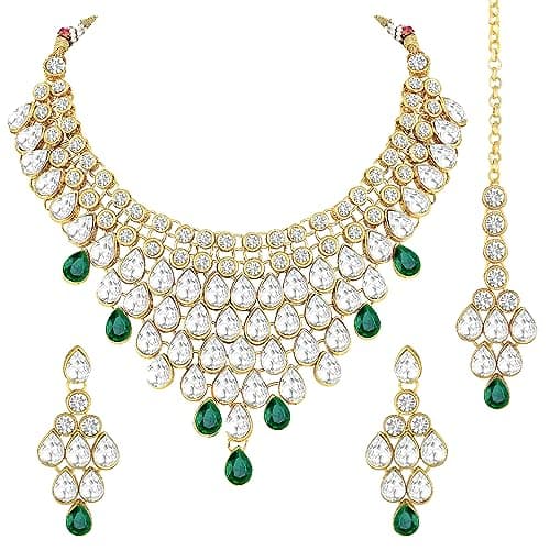 Peora Gold-plated Brass and Kundan Jewellery Set With Earrings Mang Tika for Women & Girls (Green)