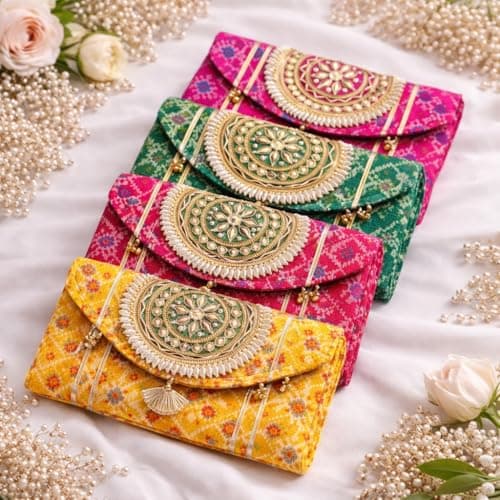 Jaipur Ace Women Ethnic Embroidered Clutch Bag with Golden Handwork & Tassel | Traditional Wedding Party & Festive Shagun Purse| Return Gift Clutch Set (Pack of 4) 2