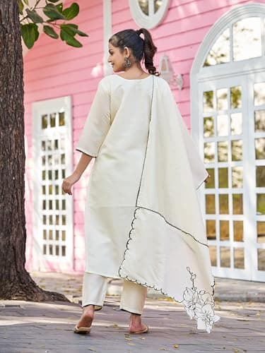 SWORNOF Kurta Set for Women with Dupatta | Premium Cotton Blend Solid Kurta Set for Women with Dupatta | Thready Work | Soft and Skin Friendly | Kurta Pant Set (WHITE, M) 5
