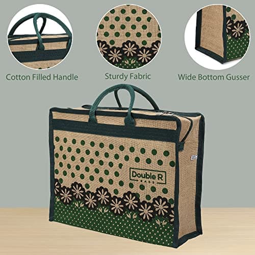 DOUBLE R BAGS Jute Eco-Friendly Tote Bag: Stylish, Spacious, and Sustainable - Perfect for Everyday Errands and Adventures! (Green, Pack of 4) 4