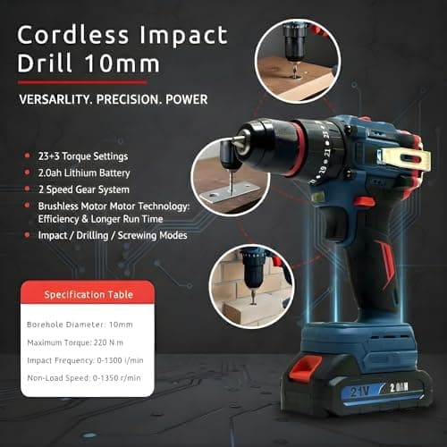 THOR 21V Cordless Impact Drill Kit | 2x 2.0Ah Batteries, Fast Charger, Metal Chuck, LED Light | Variable Speed, 31 Accessories, BMC Box | Compact Professional Home DIY Drilling 2
