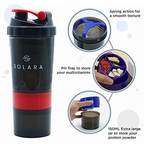 SOLARA 650 ML Protein Shaker Bottle, Gym Bottle, Two layer Extra storage for Protein Powder & Nuts | Mobile app with 50+ Home fitness videos eBooks | Black & Red (Tritan, Pack of 1) 3