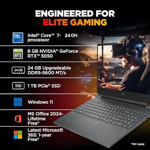 HP Victus, Intel Core 7 240H, 8GB RTX 5050, 24GB DDR5(Upgradeable) 1TB SSD, FHD, 144Hz, 300 nits, IPS, 15.6''/39.6cm, Win11, M365* Office24, Mica Silver, 2.29kg, fa2409TX, RGB Backlit, Gaming Laptop 3
