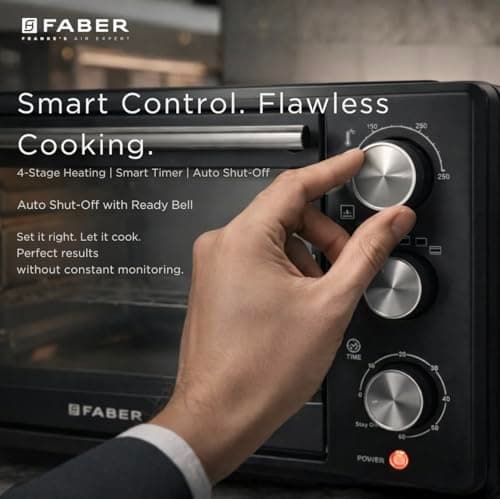 Faber FOTG 24L Neo|1500 Watts OTG|Bake,Toast, Grill| 4 Stage Functions,Upper & Lower Heating|Cool-Touch Handle, Heat Resistant Glass, Indicator Light, Auto-Shut, Ready Bell| Removable Crumb Tray 4
