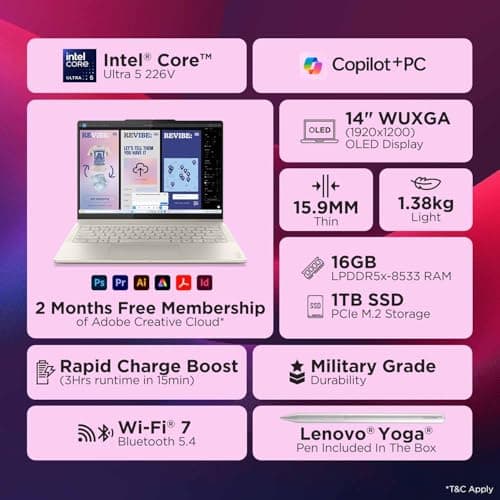 Lenovo Yoga 7 2-in-1 Intel Evo Core Ultra 5 226V (16GB RAM/512GB SSD/14 (35.5cm)/WUXGA OLED/Copilot+ PC/Windows 11/Office 2024/Yoga Pen/1Yr ADP/Seashell/1.38Kg), 83JQ00GDIN Convertible Laptop 2