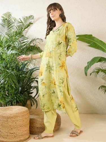 INDO ERA Women's Cotton Blend Floral Embroidered Straight Kurta & Pant Set | Co Ord Set For Women Stylish 5
