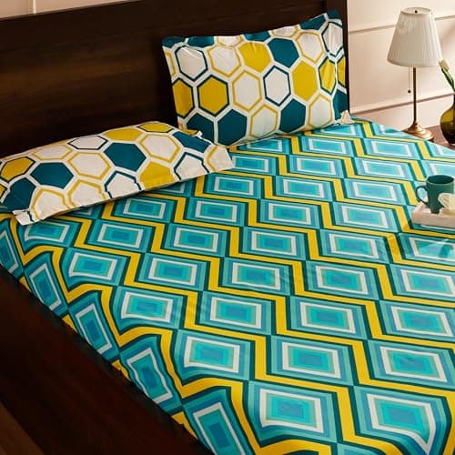 Amazon Brand - Solimo Tranquil Dreams 144 TC 100% Cotton Double Bedsheet with 2 Pillow Covers, Blue, Abstract 2