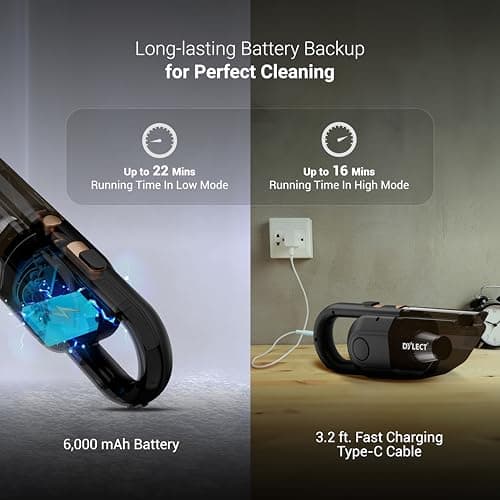 Dylect Cordless Vacuum Cleaner for Car&Home|3X Powerful Suction,16000Pa|Dual Mode-Wireless,Wired|6000Mah Battery|Bldc Technology||Washable Stainless Steel Hepa Filter|Copper Winding,0.5 Liter 2